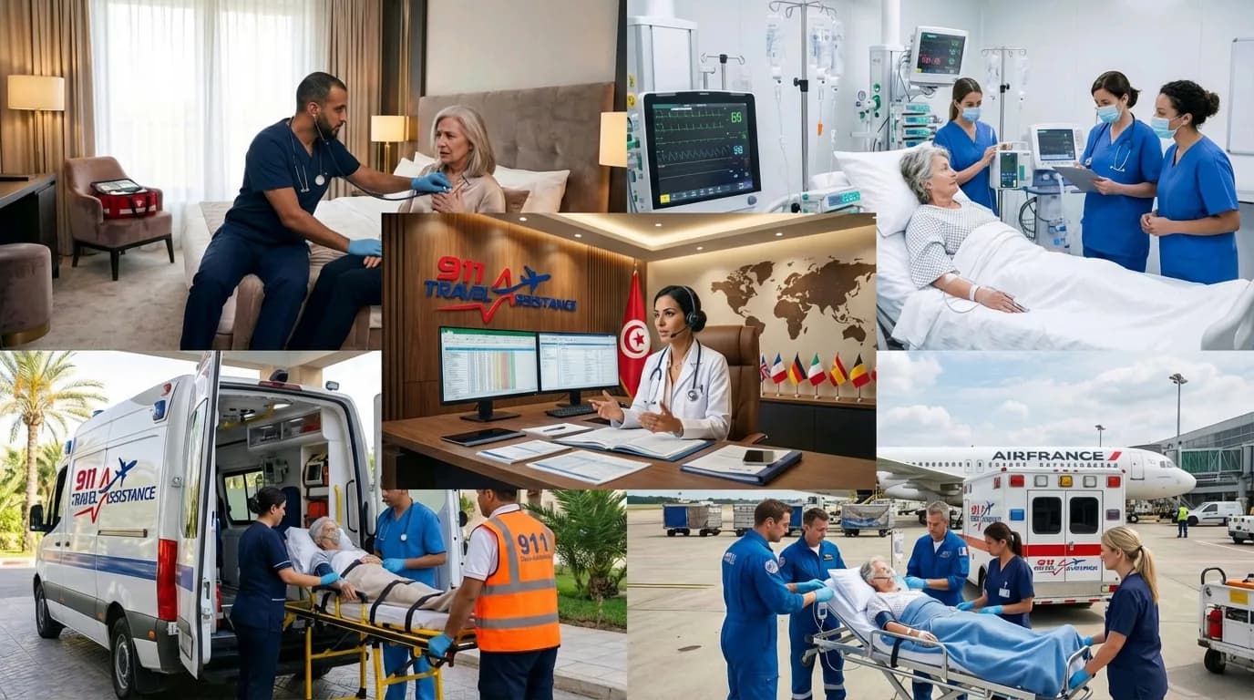 Ambulância privada da 911 Travel Assistance em frente a uma clínica parceira na Tunísia