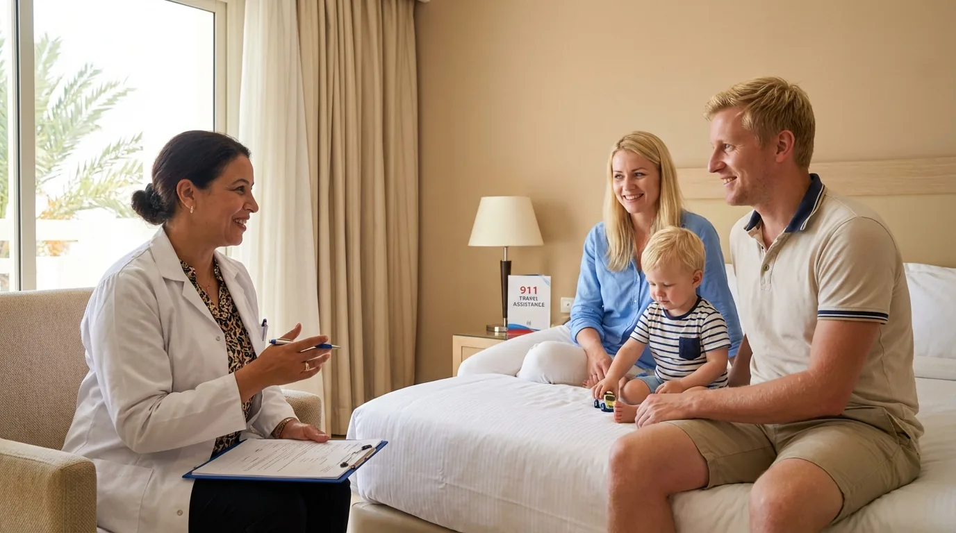Médico da 911 Travel Assistance a assistir uma família viajante no hotel