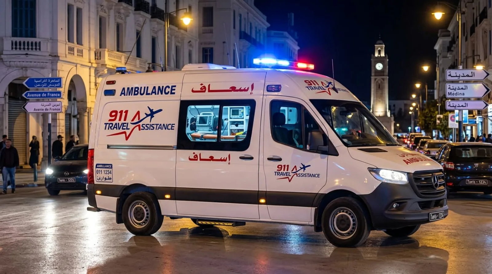 Ambulance 911 Travel Assistance operating in downtown Tunis
